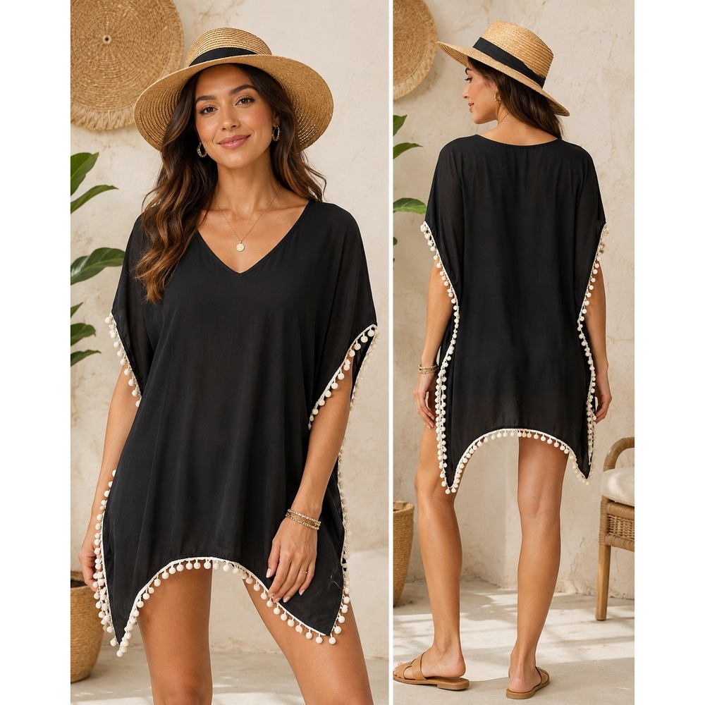 Adreamly Black Chiffon Pom Pom Trim V-Neck Swimsuit‎ Cover Up Poncho One Size